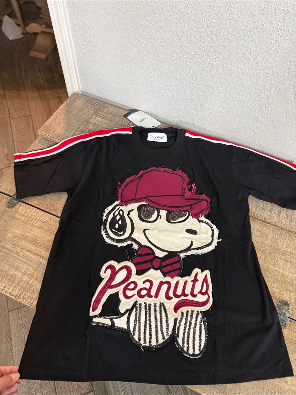 Peanuts Black Tee with Maroon Snoopy Appliqué - Women’s Short Sleeve